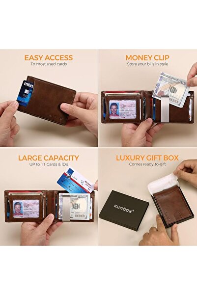 Runbox محفظة رجالية نحيفة بمشبك للنقود مع حماية RFID، تتسع لـ 11 بطاقة، تصميم...