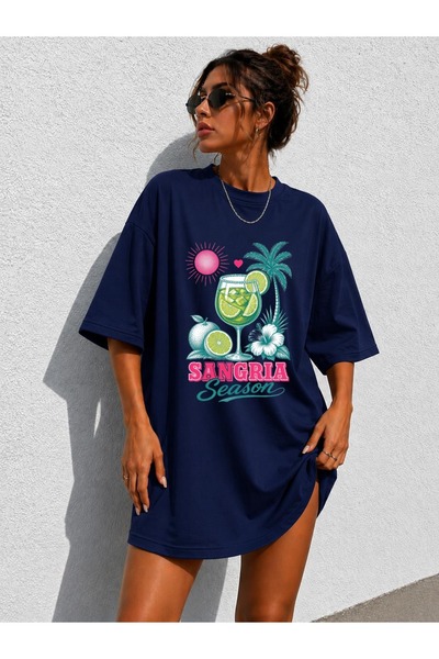 classy moda Women's Cocktail and Text Printed Oversize Extra Long Tunic T-Shirt