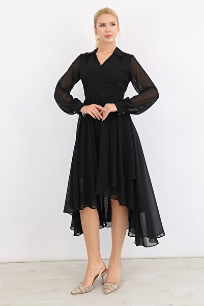 lodmela Asimetrik Kesim Kruvaze Yaka Şifon Midi Elbise 6089-Siyah