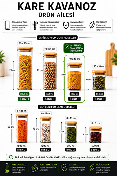 Karçiçeği Home 6’lı 1230 ML Kare Borosilikat Cam Saklama Kavanozu – Vakumlu Bambu Kapaklı – 10 × 15 cm - 8459-1