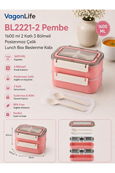Vagonlife BL2221-2 Pembe 1600 ml 2 Katlı 3 Bölmeli Paslanmaz Çelik Lunch Box ...