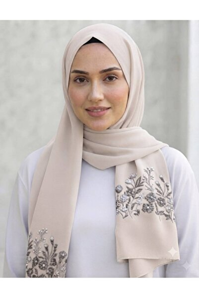 Veil Designer طرحة بوال بيج بتطريز ورد و اغصان قماش ياباني بالمقاس : 60 * 190