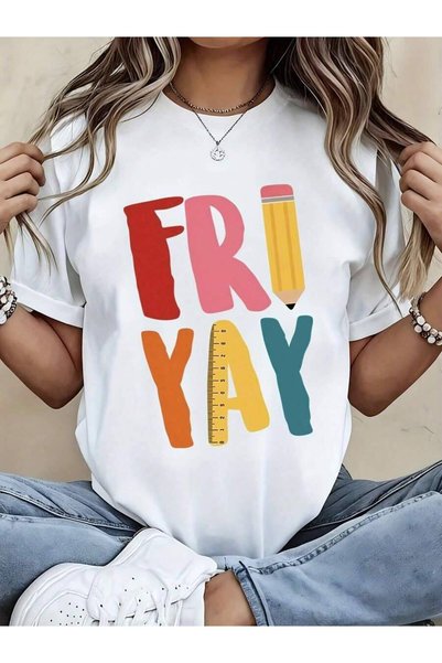 4CR تي شيرت FRIYAY Teacher Funny Friday للنساء بتصميم ملون على شكل قلم رصاص و...