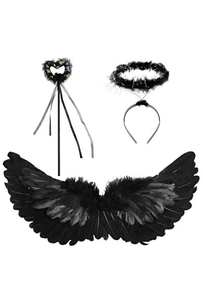 GGEROU Black Wings and Halo Magic Wand Feather Wing Costume Party for Kids Gi...