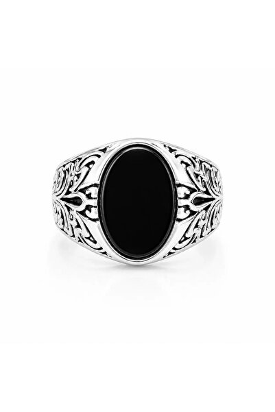 NIRE Ανδρικό Δαχτυλίδι Μαύρη Οβάλ Πέτρα | Vintage Ασημί Design NRR0036