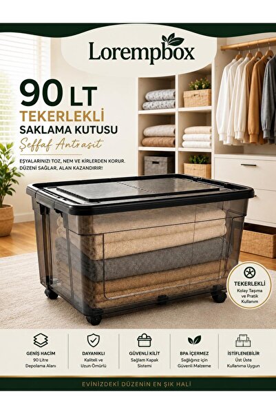 LOREMPBOX 90 Lt Wheeled Storage Box Transparent Anthracite |   Large Size Org...