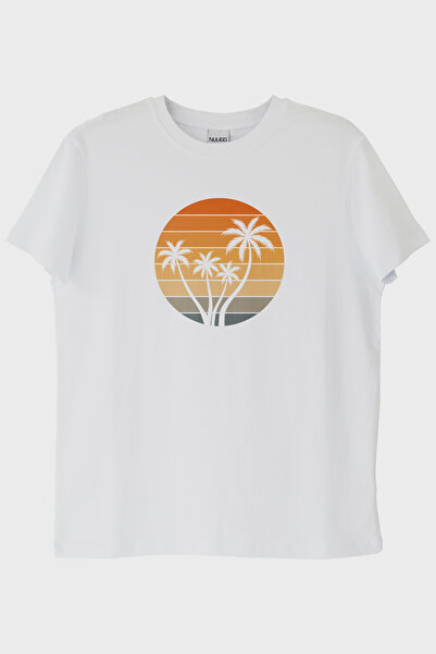 lofux Tropical Sunset Palm Tree Printed White T-Shirt