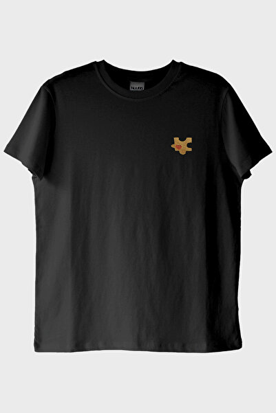 lofux Yellow Puzzle Piece Patterned Embroidery Black T-Shirt - Valentine's Da...