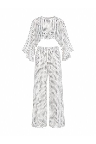 Laluvia White Polka Dot Chiffon Double Set - 2246