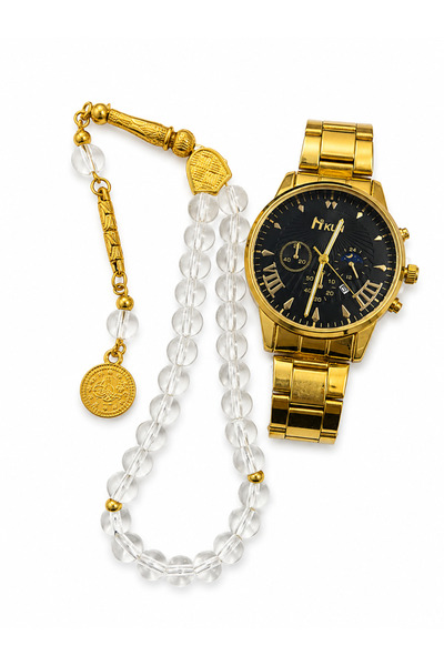 DeNors Transparent Tesbih & Gold Metal Men's Wristwatch Gift Set