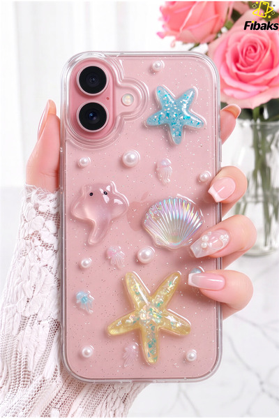 Fibaks iPhone 16 Kılıf Şeffaf Simli Deniz Yıldızı 3d Vatoz Deniz Kabuğu Tasar...