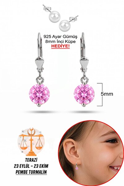 klas gümüş 925 Ayar Gümüş Çocuk Küpesi |5 mm Pembe Turmalin Taşlı Sallantılı ...