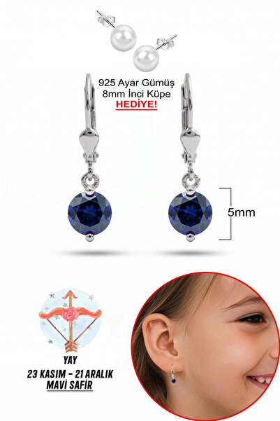 klas gümüş 925 Ayar Gümüş Çocuk Küpesi |5 mm Mavi Safir Taşlı Sallantılı Küpe...