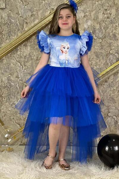 Riccotarz Girl's Snow Queen Digital Print Layered Tulle Navy Blue Dress