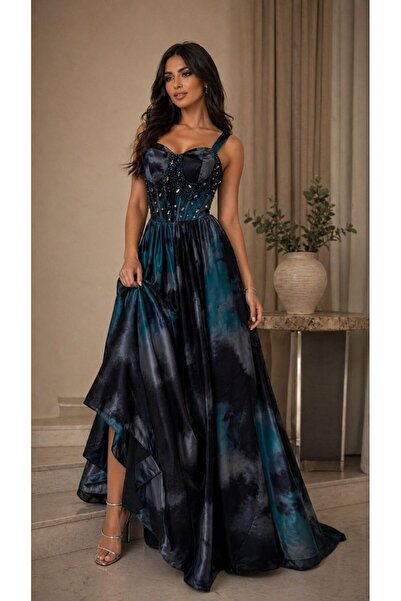 ranin Turquoise Evening Dress with Chest Embroidery, Hand-Embroidered Taffeta...