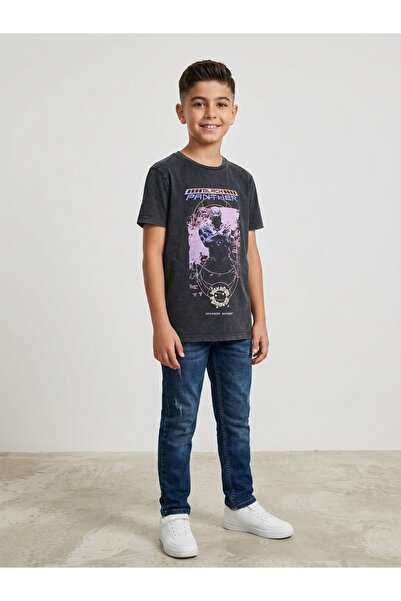 Oversize Unisex Çocuk Black Panther Baskılı %100 Pamuk Washed Siyah Tişört