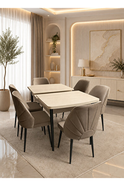 Concept Ayz Home Selina Serisi 6 Kişilik Cappuccino Kumaş Traverten Açılır Md...