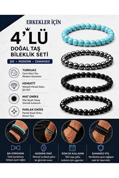 Kusakli Men's 4-Piece Hematite, Onyx and Lava Stone Natural Stone Bracelet Se...