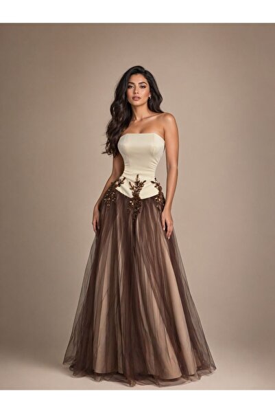 ranin Brown Chest-Length Barbie Cloche Tulle Evening Dress Gobin Hand Embroidery