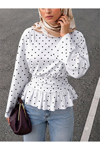 meren like your style بلوزة بيضاء منقطة بأكمام طويلة وواسعة وحافة مكشكشة