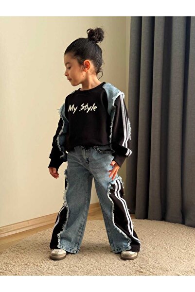 CHİCKİDSWEAR Girl's 2-Piece Set with Jeans and Sweatshirt Trousers