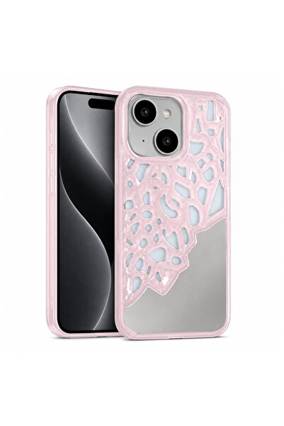 Zebana Apple iPhone 13 Uyumlu Kılıf Lace Mirror Silikon Kılıf Rose Gold