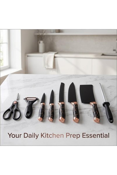Klyte 9-Piece Kitchen Knife Set with Storage Block, Scissors, Peeler & Sharpener, Ultra-Sharp Chef Knives for Meat & Vegetable Prep, Ergonomic Handle Cooking Cutlery Set for Home Kitchens & Chefs