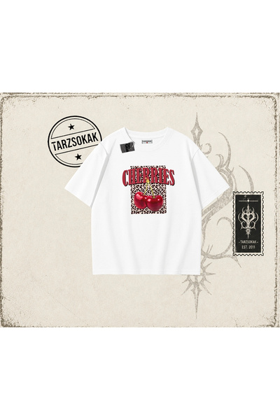 Tarzsokak Ženska majica kratkih rukava Cherries Leopard Oversize Unisex bela