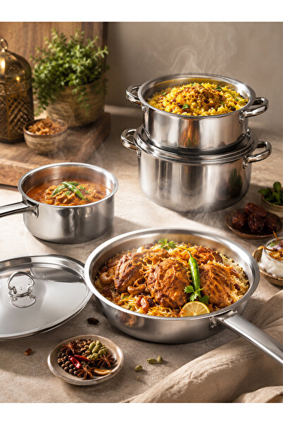 Bayt Aura 15-Piece Stainless Steel Cookware Set with Pots, Pans, Lids, and Ut...