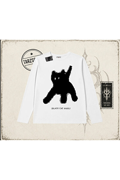 Tarzsokak Unisex Black Cat Pixel Biskilet Yaka Long Sleeve Beyaz