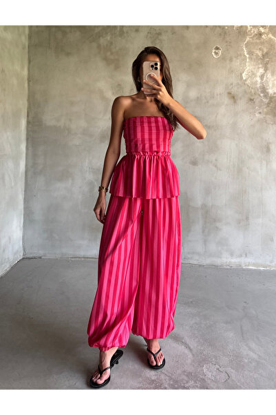 My Blog Pink Striped Poplin Blouse and Pants Set - 4182