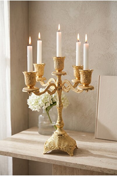 RASHA COLLECTION 5 Kollu Altın Renk Kabartma İşlemeli Şamdan