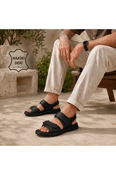 Castle Black Men's Genuine Leather Casual Sandals-Black (Cb750)