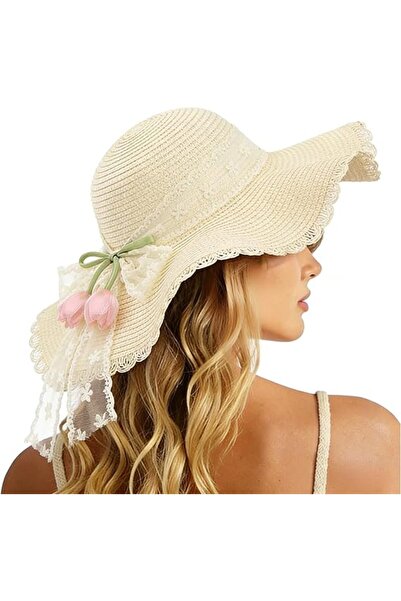 STARSTAR Lace bow tulip straw hat, wide-brimmed sun protection beach hat, adj...