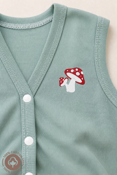 Miniel Unisex Bebek Mantar Baskılı Pamuklu Likrasız Ribana Kumaş Penye Bebek Yelek