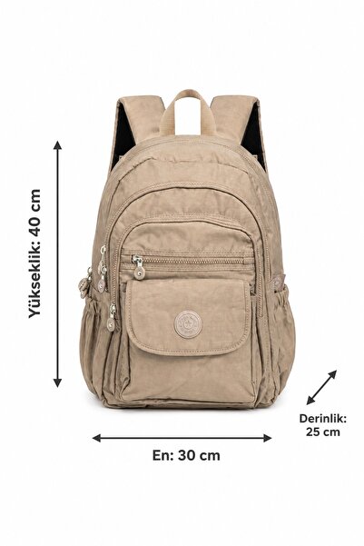 Paul Brand Unisex Velora Günlük Kullanıma Uygun Çok Bölmeli Geniş Hacimli Krinkıl Kumaş Vizon Sırt Çantası Okul Boy