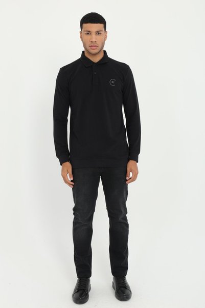 Dufy Men's Regular Fit Polo Collar Black Sweatshirt