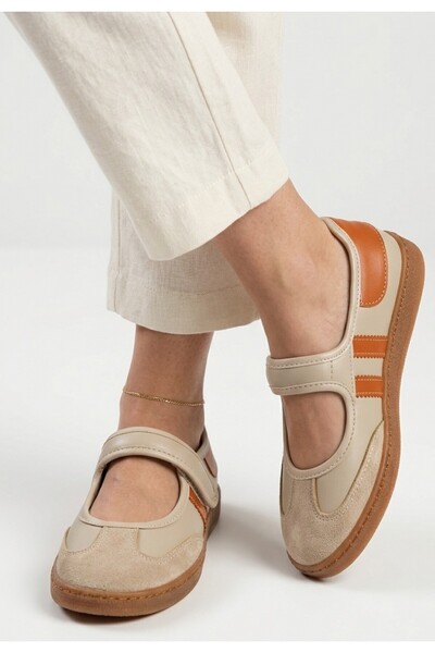rimex sport wear Menja Beige Skin Orange Detailed Velcro Ballerina Shoes