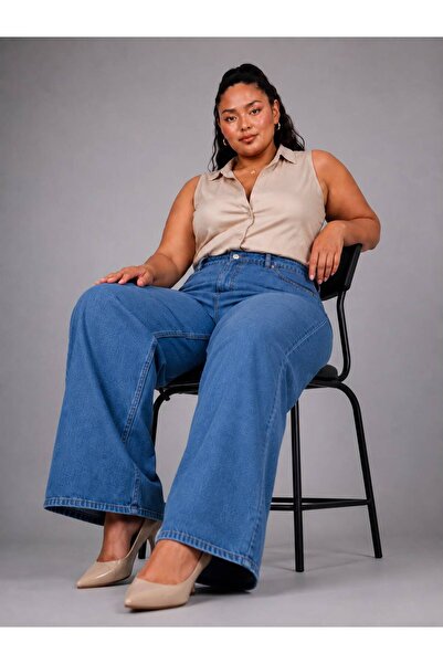 nd jeans بنطلون جينز مقاس 44-52 بخصر عالٍ وأرجل واسعة ومرن من الليكرا