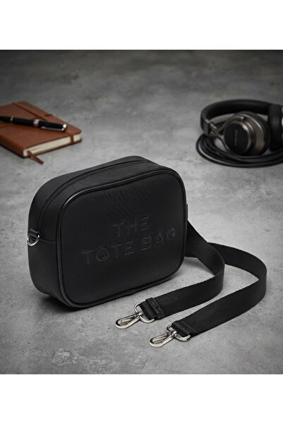 The Tote Bag İşlemeli Fermuarlı Siyah Çapraz ve Omuz Çantası