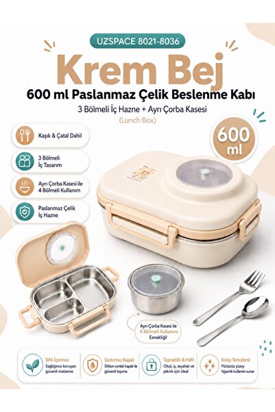 Uzspace 8021-8036 Krem Bej 600 ml 4 Bölmeli Paslanmaz Çelik Beslenme Kabı (Lu...