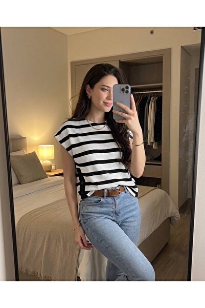 Lucky Line Valeria Women's Striped 100% Cotton Knitwear Blouse – Crew Neck Re...