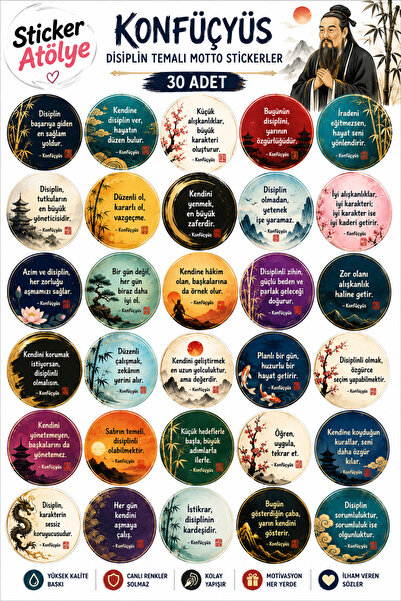 StickerAtölye Konfüçyüs Disiplin Temalı Motto Sticker Seti – 30 Adet Yuvarlak...