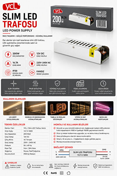 YCL Slim LED Trafosu 200W 16.7A 12V - İnce Kasa Şerit ve Neon LED Güç Kaynağı...