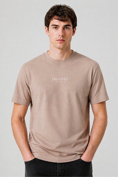 BLANK ESSENTIALS Men Crew Neck Short Sleeve Brand Logo T-Shirt, Tan