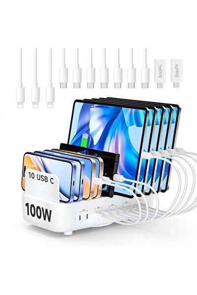 SooPii 100W USB-C Charging Station, 10-Port PD Fast Charger with 20W Max per ...