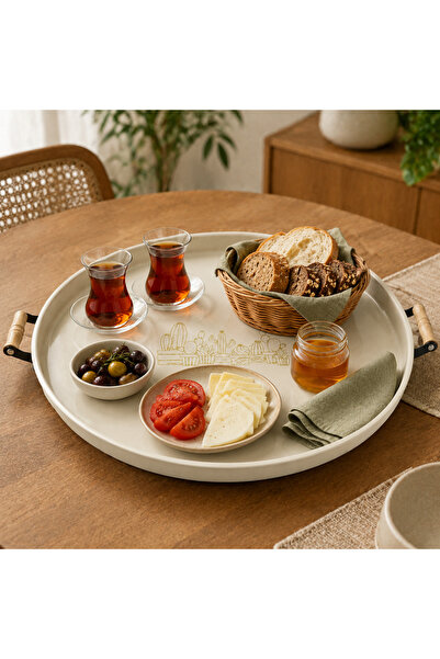 kitchen soft 55 cm Ahşap Kulplu Krem Büyük Boy Yuvarlak Metal Servis Tepsisi ...