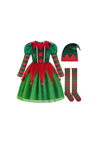 Funny Party Team Costum de elf de Crăciun pentru fete, rochie, pălărie și cio...