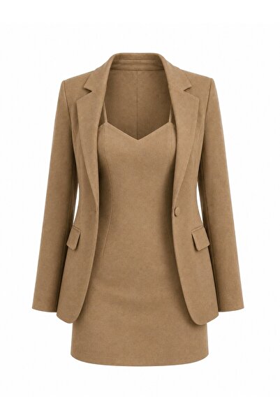 Laluvia Camel Suede Jacket Dress Set - Tk242467