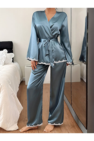 Take Two By Styli Blue Satin Lace Trim Wrap Top and Pyjama Set